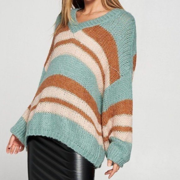 Women's Outwear V-Neck Cozy Thick Knit Stripe Pullover Sweater Size - L NWT - Picture 2 of 5